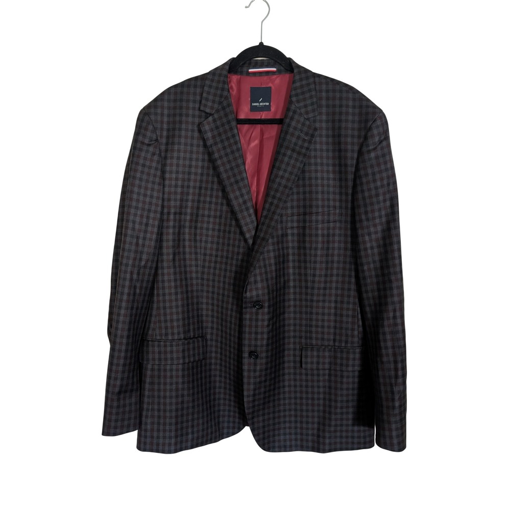 Daniel Hechter Paris Mens 48L Wool Gingham Sport Coat Blazer Grey Burgundy